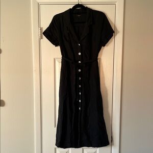 Quince Black Midi Dress with White Buttons